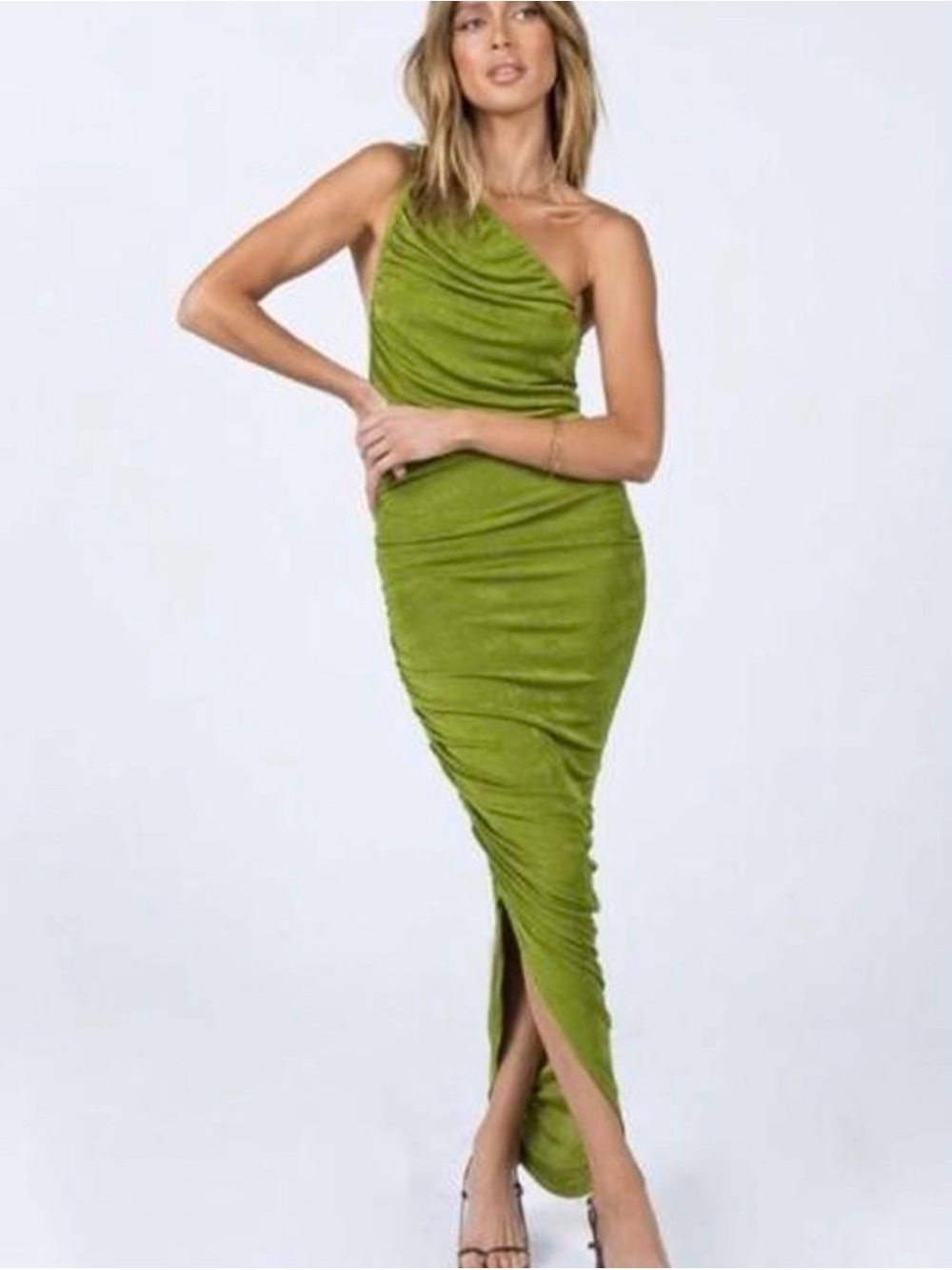 Lioness The Goddess One Shoulder Midi Holiday Party Wedding Dress in Olive Green